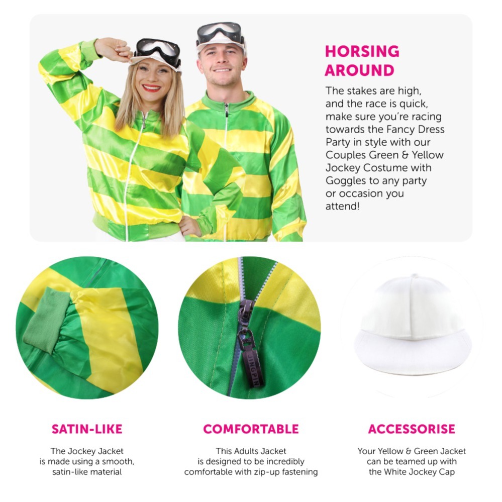 Adults Couples Green & Yellow Jockey Costume - with White Trousers, Boot Covers & Black Goggles