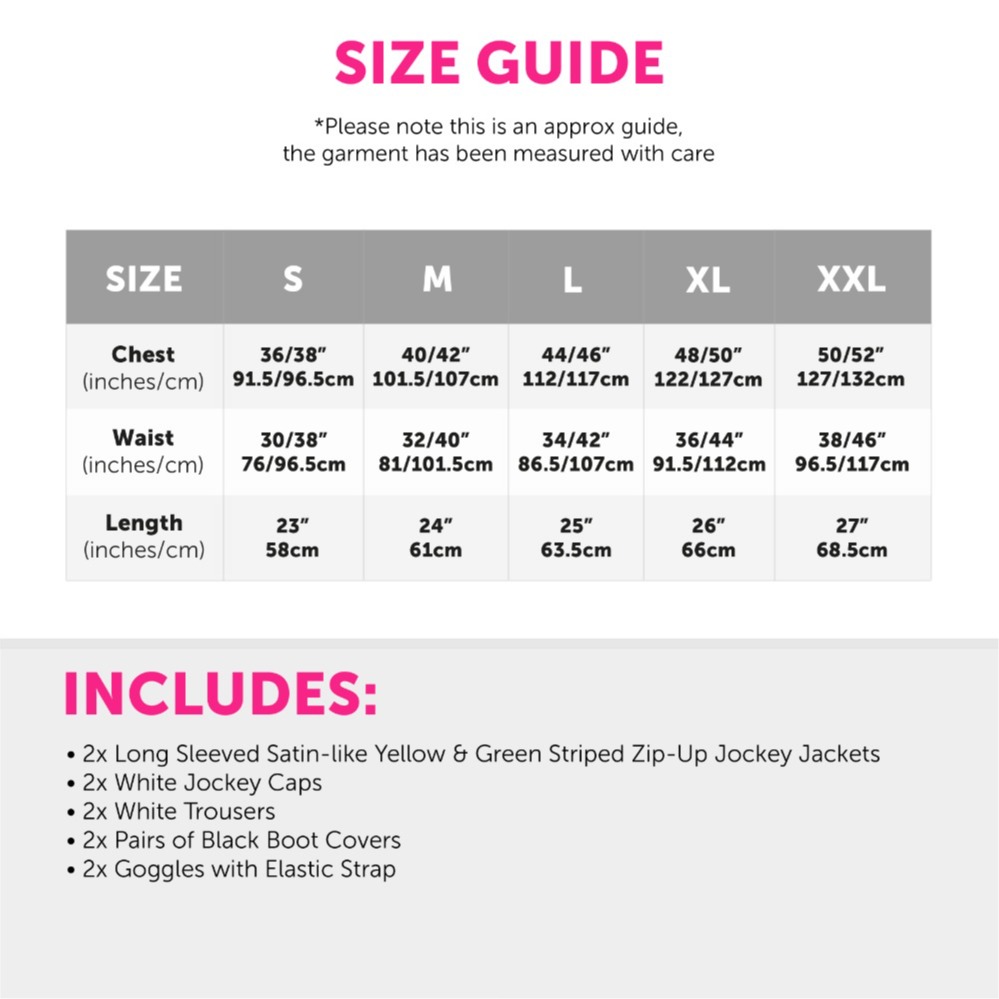 Adults Couples Green & Yellow Jockey Costume - with White Trousers, Boot Covers & Black Goggles