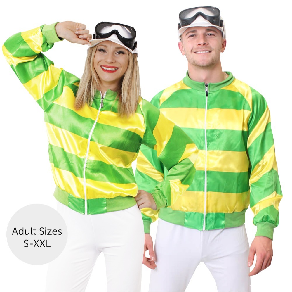 Adults Couples Green & Yellow Jockey Costume - with White Trousers, Boot Covers & Black Goggles