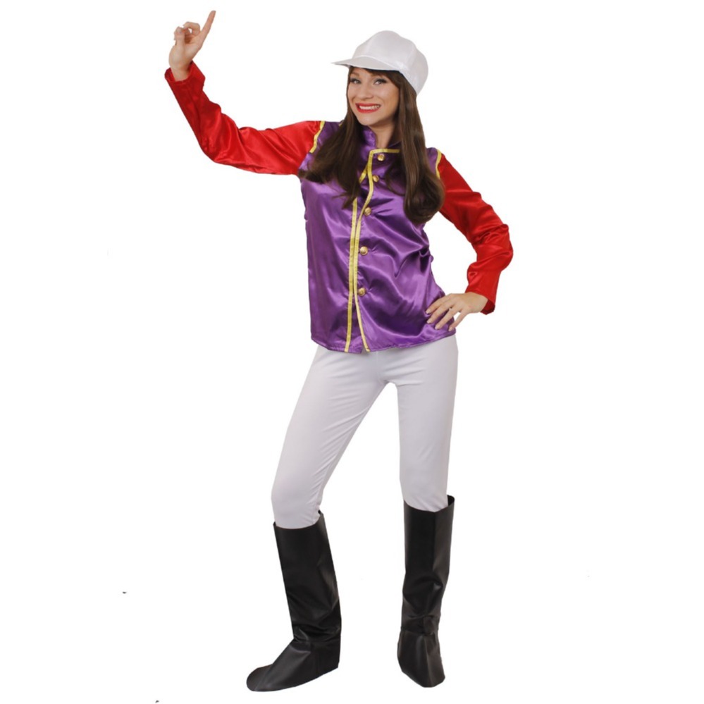 Woman's Purple & Red Jockey Costume - with White Trousers, Boot Covers & Brown Wig (Without Goggles)