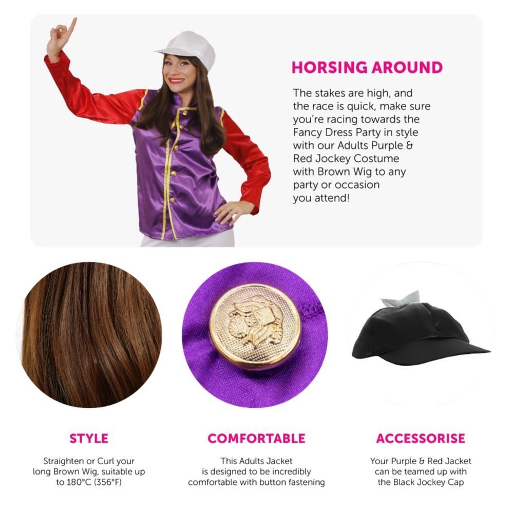 Woman's Purple & Red Jockey Costume - with White Trousers, Boot Covers & Brown Wig (Without Goggles)