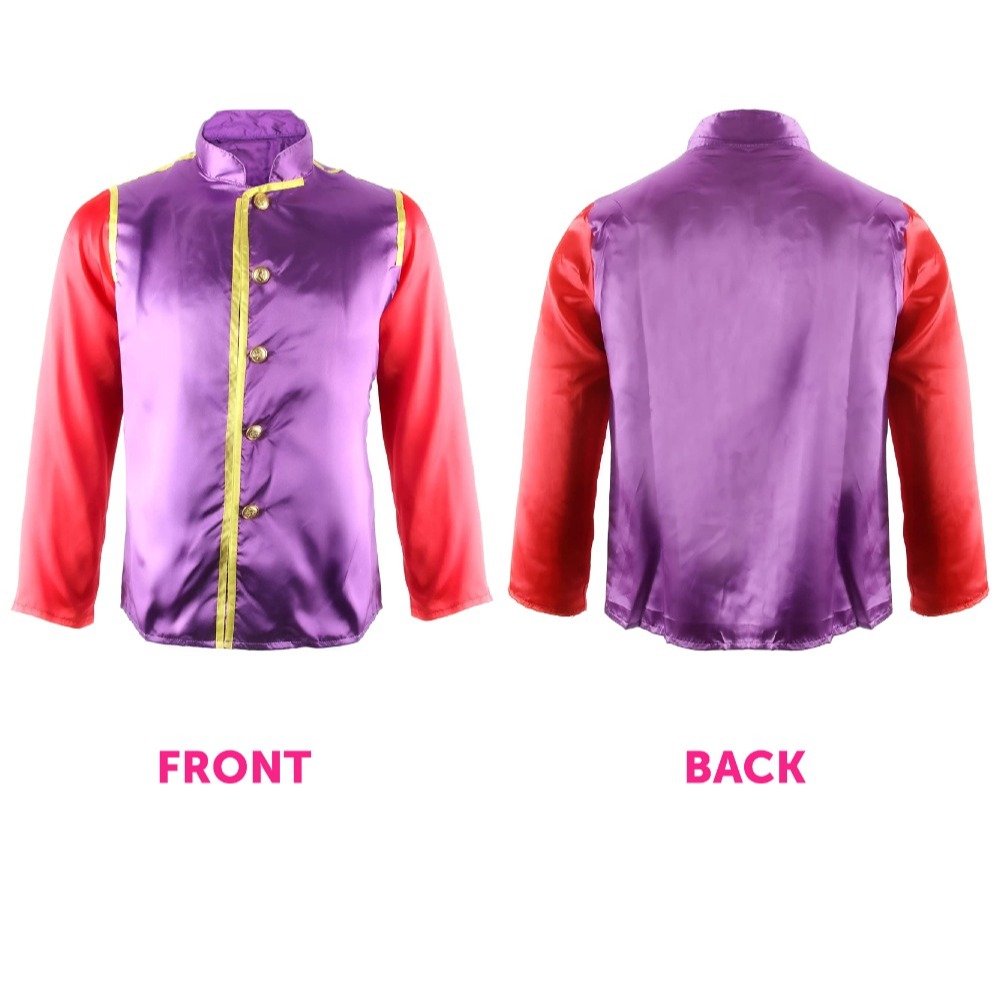 Woman's Purple & Red Jockey Costume - with White Trousers, Boot Covers & Brown Wig (Without Goggles)