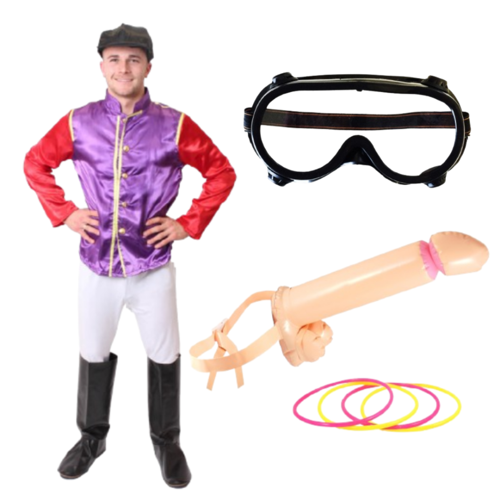 Adults Purple & Red Knob Jockey Costume - White Trousers, Boot Covers, Black Goggles & Novelty Willy Ring Toss Game