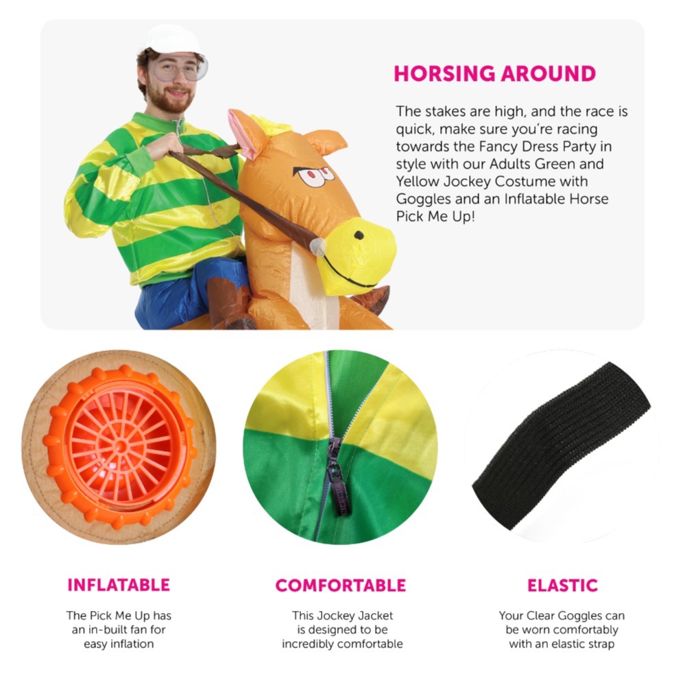 Adults Green & Yellow Jockey Costume - with Inflatable Horse & Clear Goggles