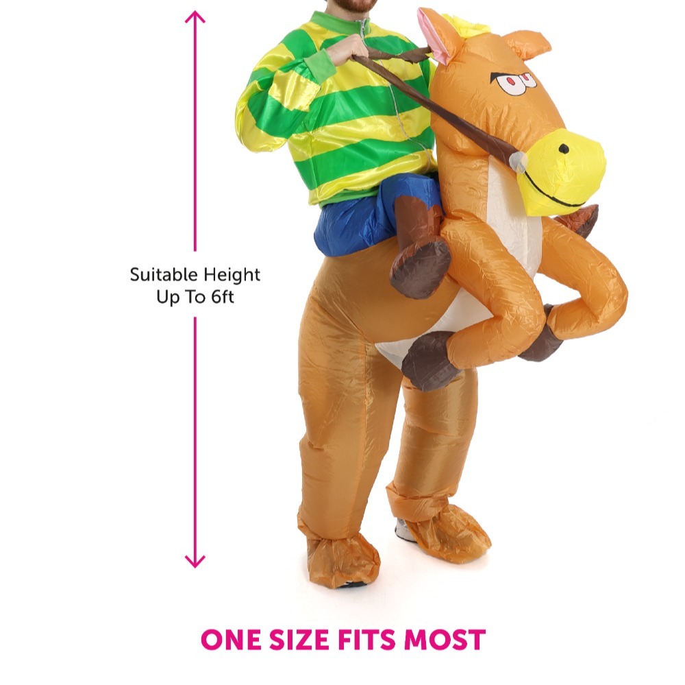 Adults Green & Yellow Jockey Costume - with Inflatable Horse & Clear Goggles
