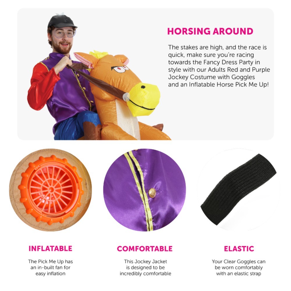Adults Purple & Red Jockey Costume - with Inflatable Horse & Clear Goggles