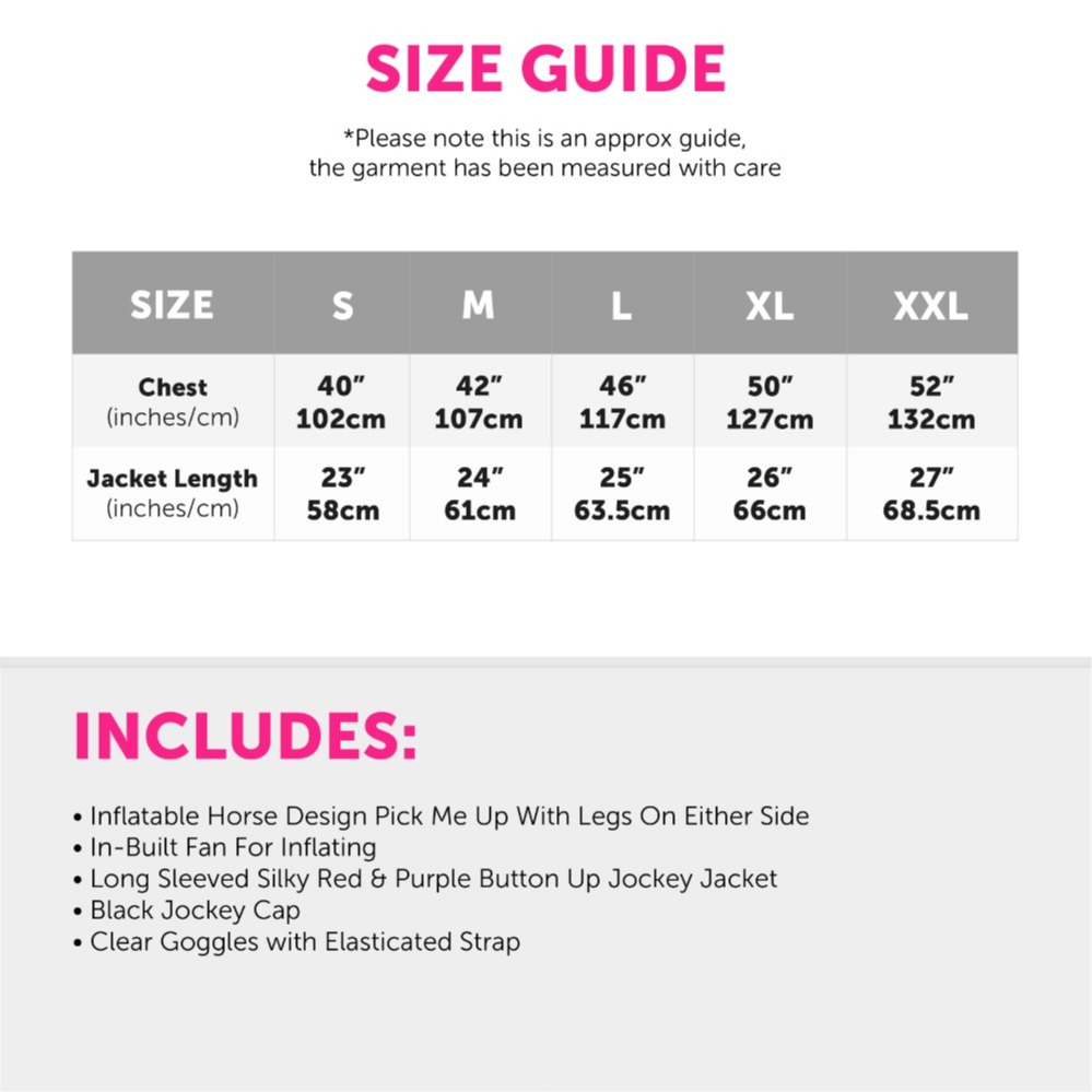 Adults Purple & Red Jockey Costume - with Inflatable Horse & Clear Goggles