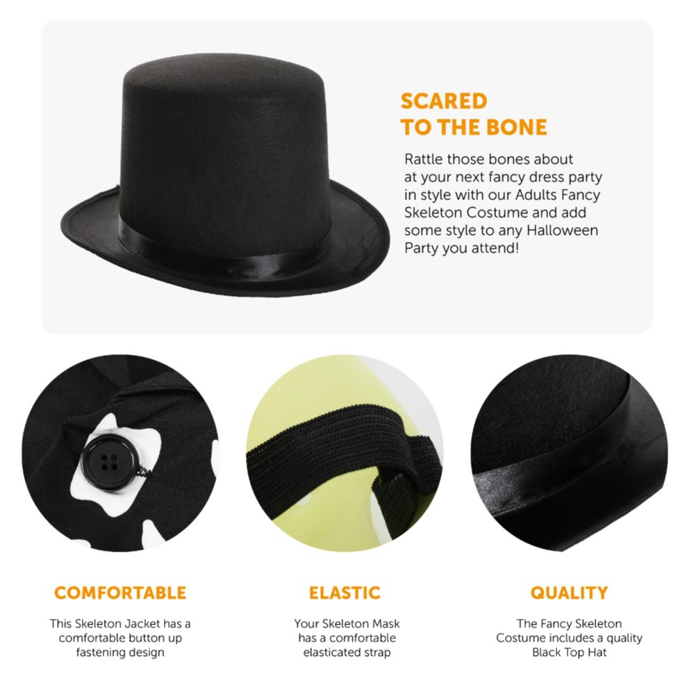 Adults Skeleton Costume - with Glow in the Dark Mask & Top Hat