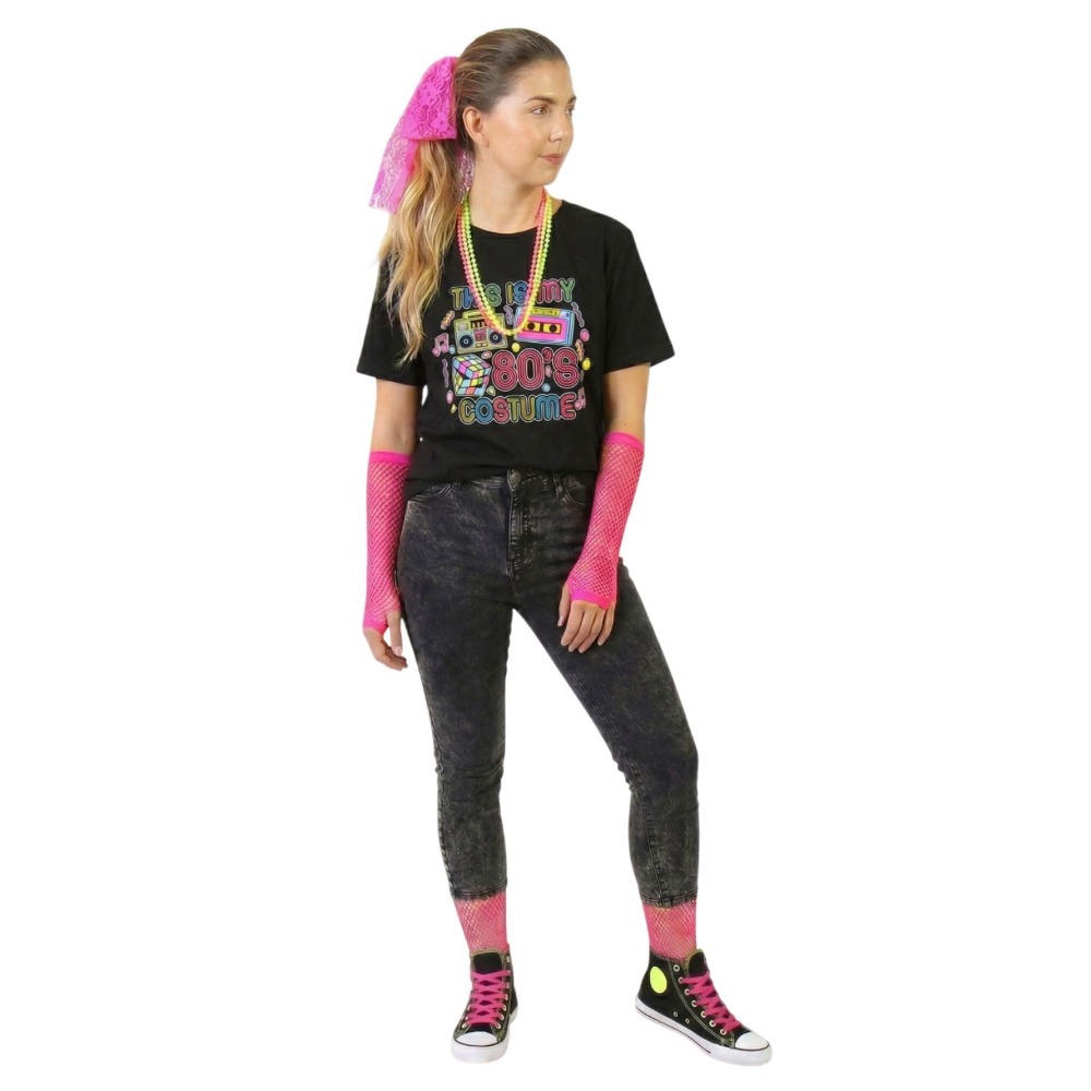 Click to view product details and reviews for Adults 80’s Costume 4 Pcs Black T Shirt Beaded Necklace Fishnet Gloves Pink Hair Lace Large. Click to view product details and reviews for Adults 80’s Costume 4 Pcs Black T Shirt Beaded Necklace Fishnet Gloves Pink Hair Lace Large.