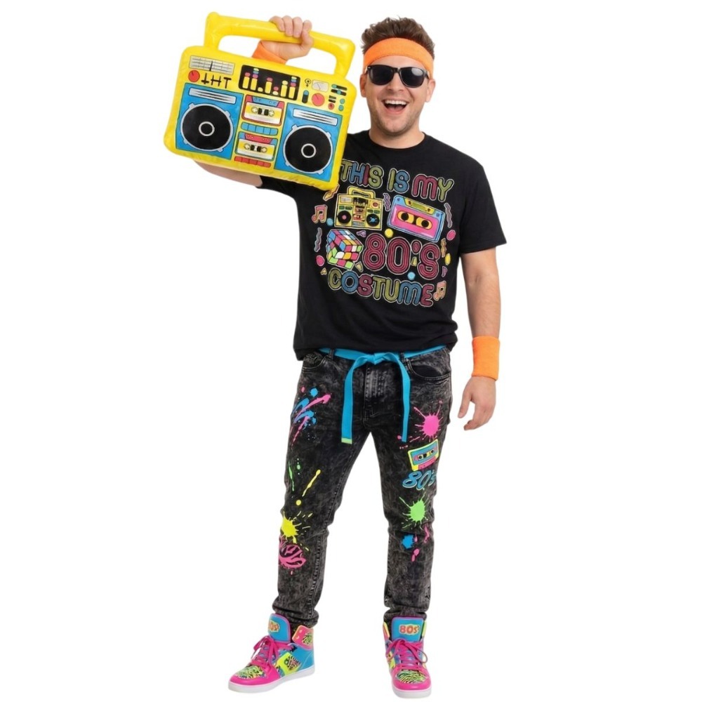 Click to view product details and reviews for Adults 80&rsquo;s Costume 5 Pcs Black T Shirt Glasses Inflatable Boombox Orange Sweatbands Large.