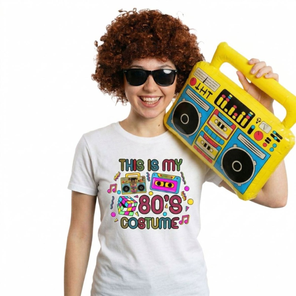 Click to view product details and reviews for Adults 80&rsquo;s Costume 4 Pcs White T Shirt Glasses Inflatable Boombox Brown Afro Wig Large.
