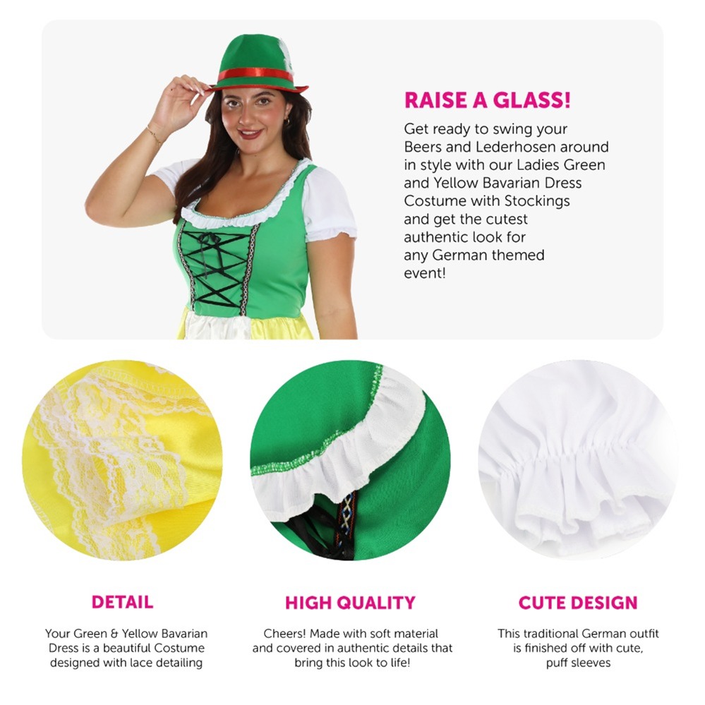 Ladies Green & Yellow Bavarian Dress with Bow Stockings