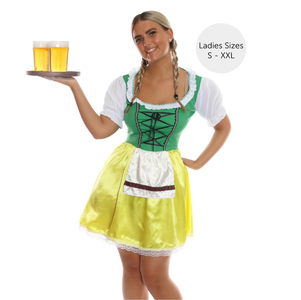 Ladies Green & Yellow Bavarian Dress with Bow Stockings