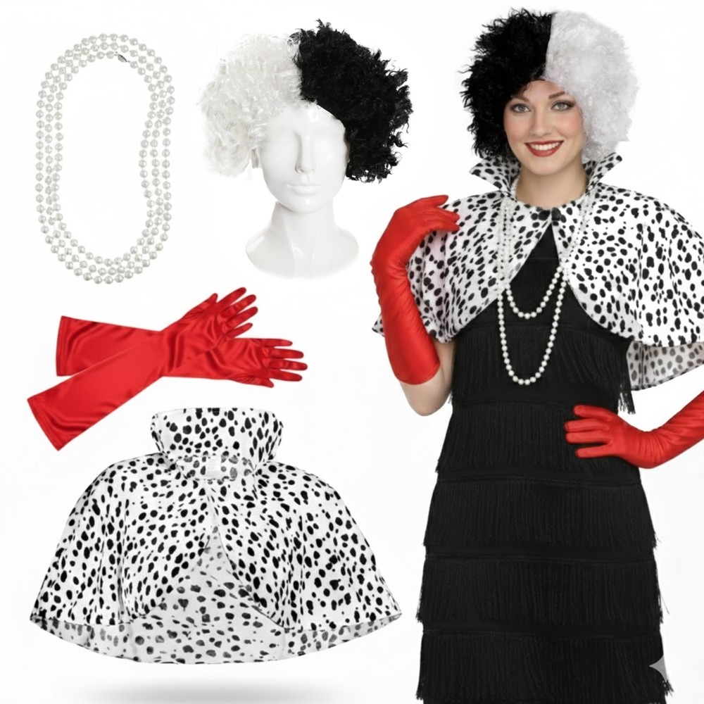 Click to view product details and reviews for Ladies Evil Dog Lady Costume 5 Pcs Dress Cape Crimped Wig Gloves Necklace Large.