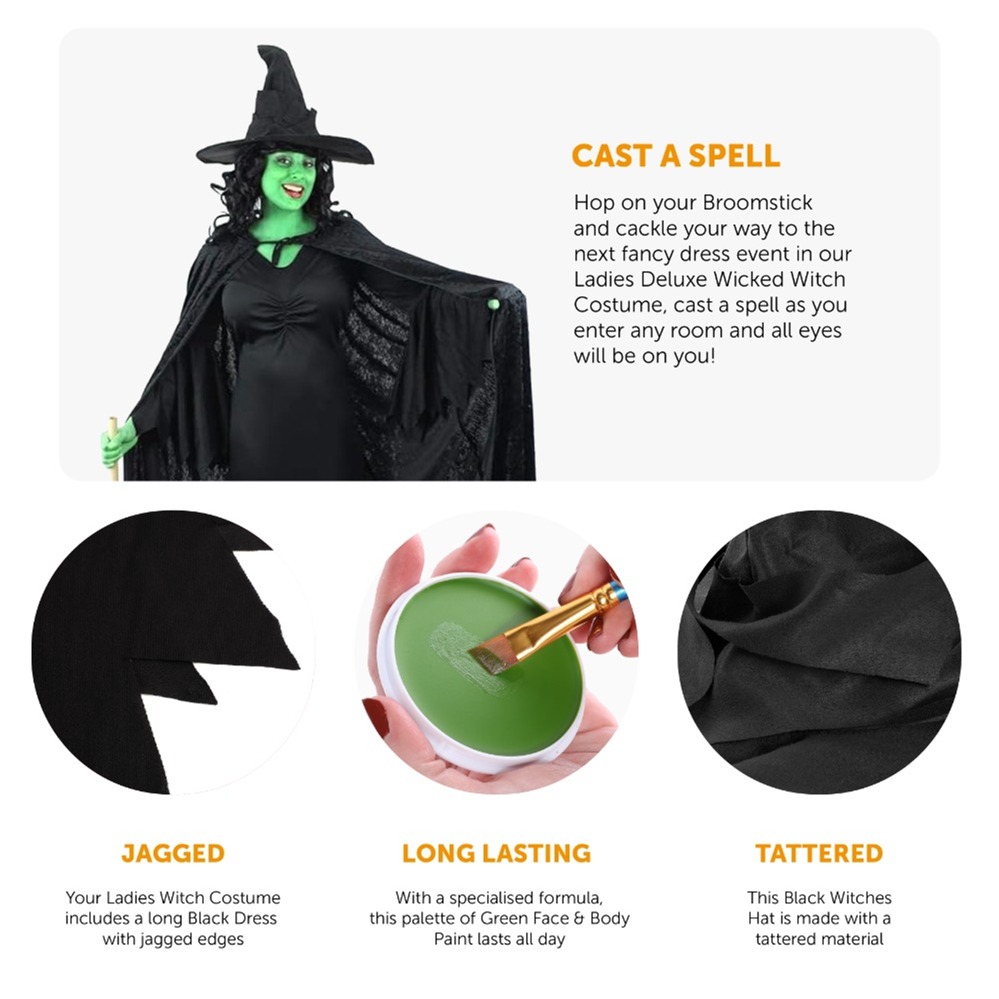 Wicked Witch Halloween Costume - Cape, Dress, Hat & Face Paint