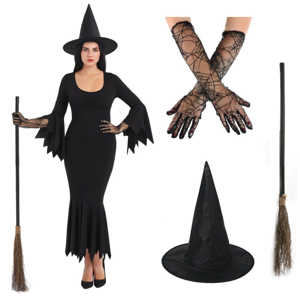 Click to view product details and reviews for Ladies Witch Costume 4 Pcs Gothic Dress Spiderweb Gloves Hat Broom Xsmall.