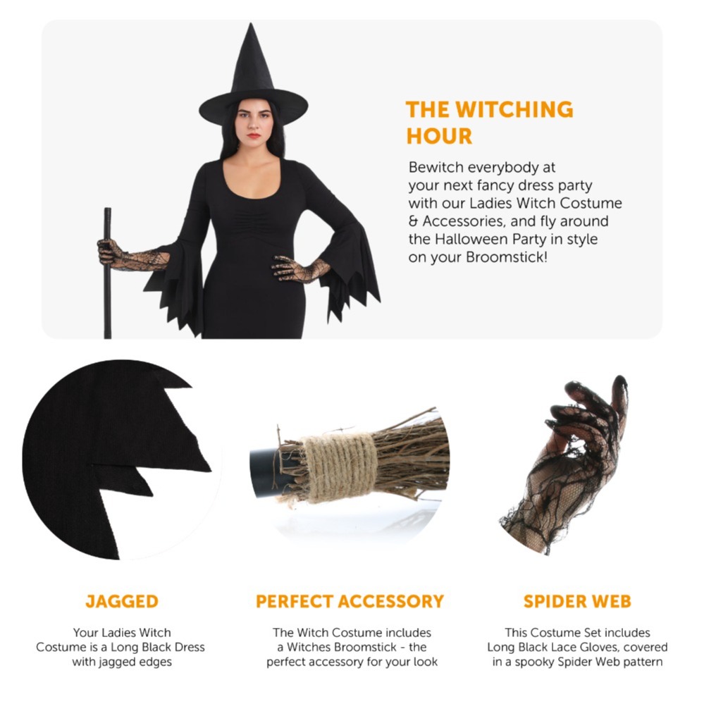 Ladies Witch Costume | 4 Pcs | Gothic Dress, Spiderweb Gloves, Hat & Broom