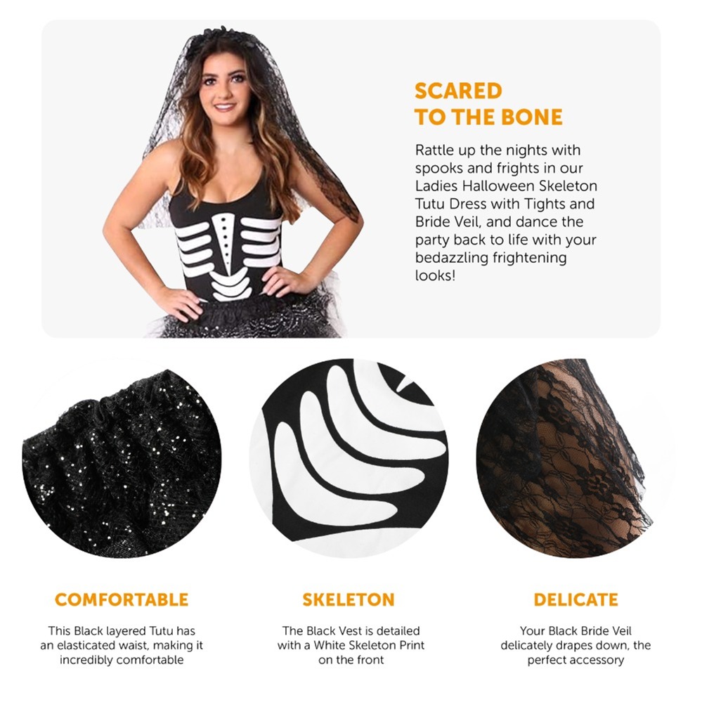 Ladies Skeleton Tutu Dress with Tights & Bride Veil
