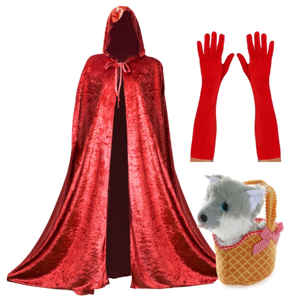 Ladies Red Riding Hood Set - Hooded Cape, Soft Basket with Wolf & Gloves