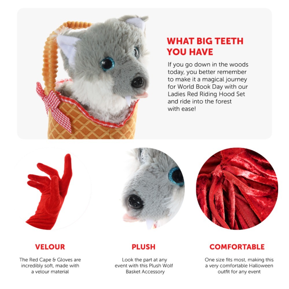 Ladies Red Riding Hood Set - Hooded Cape, Soft Basket with Wolf & Gloves