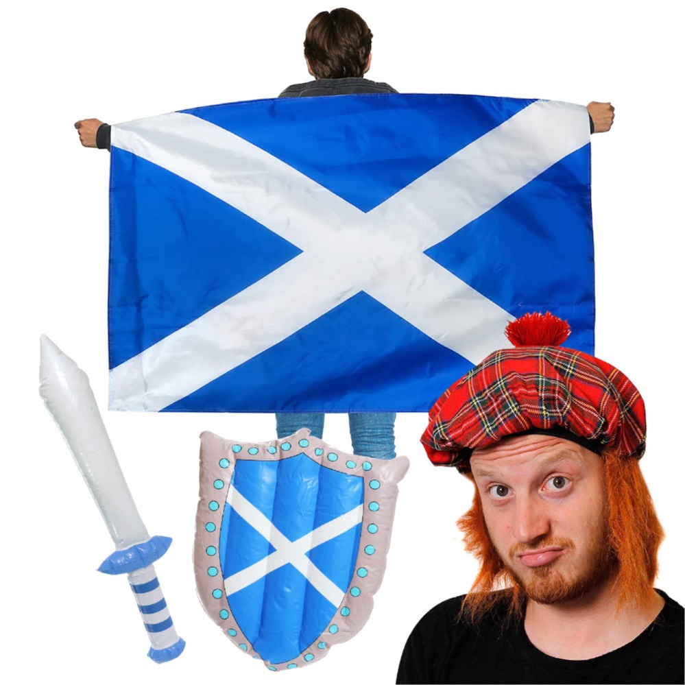 St Andrews Day Scottish Accessory Set Burns Night - Flag Cape, Tam o Shanter & Inflatable Sword and Sheild