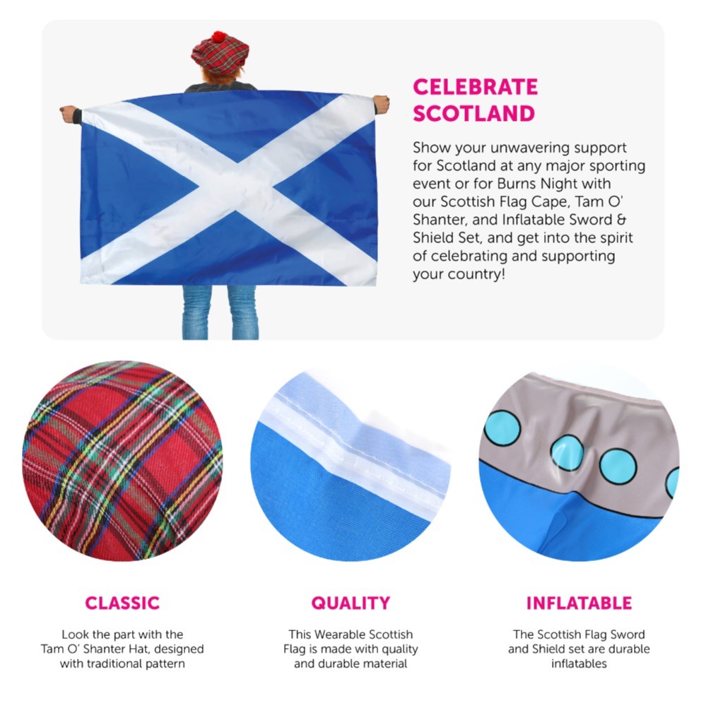 St Andrews Day Scottish Accessory Set Burns Night - Flag Cape, Tam o Shanter & Inflatable Sword and Sheild