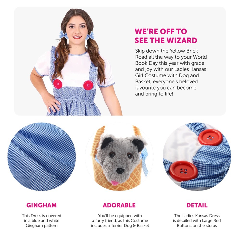 Adults Kansas Girl Costume - Hair Ties & Basket with Dog