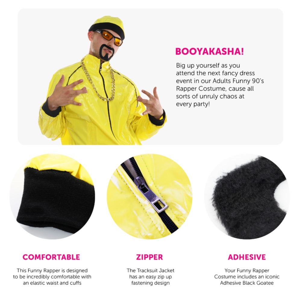 Adults Funny 90's Rapper Costume - Yellow Hat, Glasses & Goatee