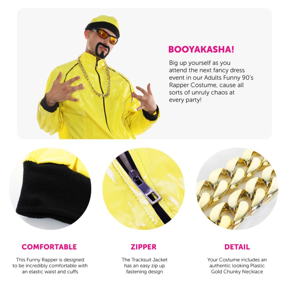 Adults Funny 90's Rapper Costume - Yellow Hat, Goatee & Gold Chain