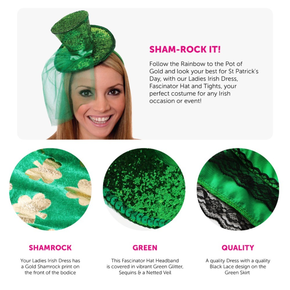 Ladies Irish Shamrock Dress with Green Tights & Mini Hat Fascinator