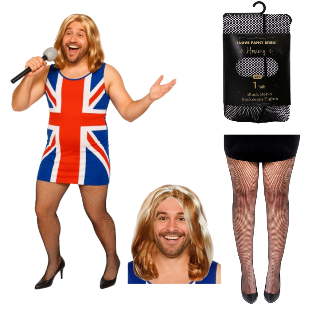Men's Union Jack Dress Stag Do Costume |3 Pcs | Dress, Wig & Tights