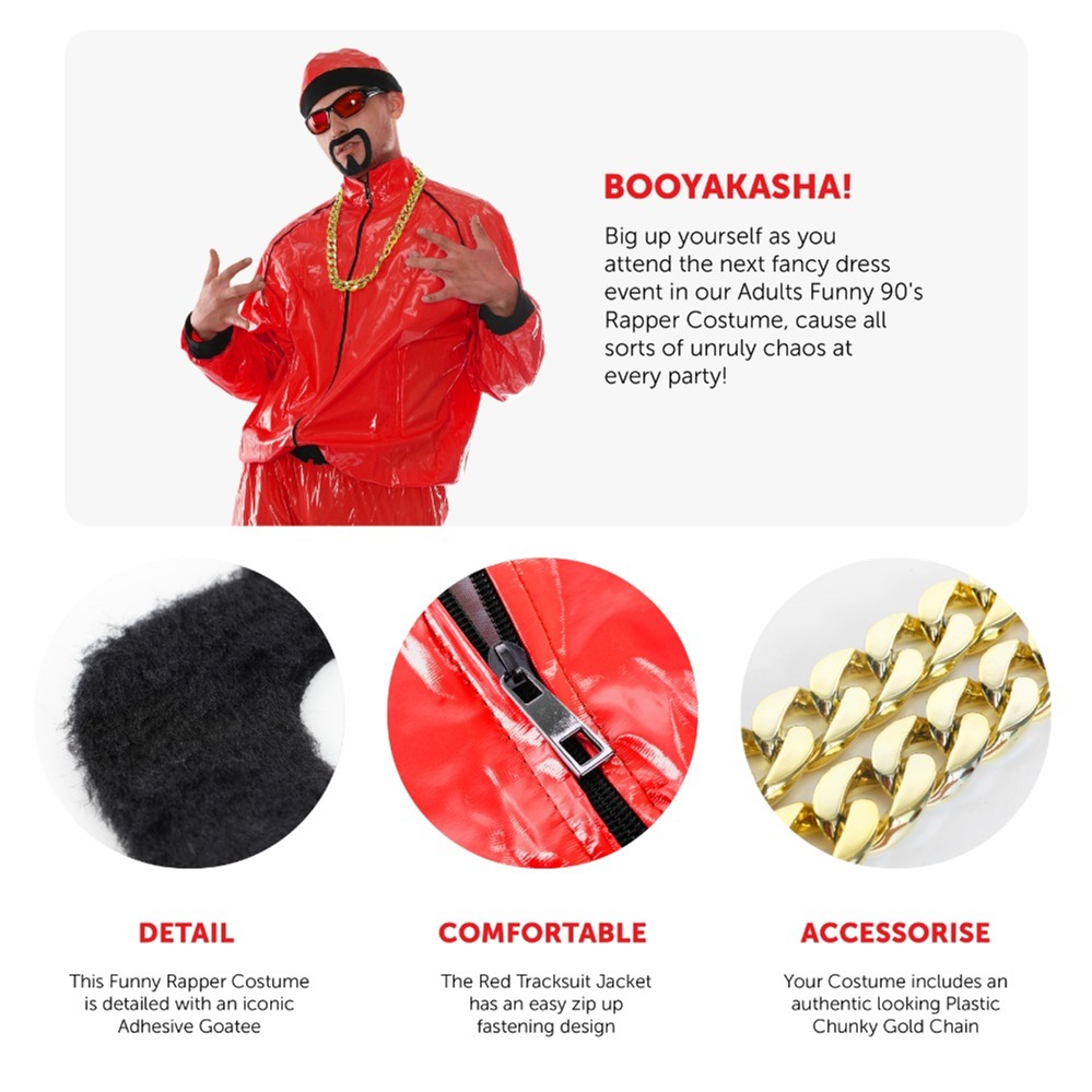 Adults Red Funny 90's Rapper Costume - Red Hat, Glasses, Goatee, Gold Chain & Spliff
