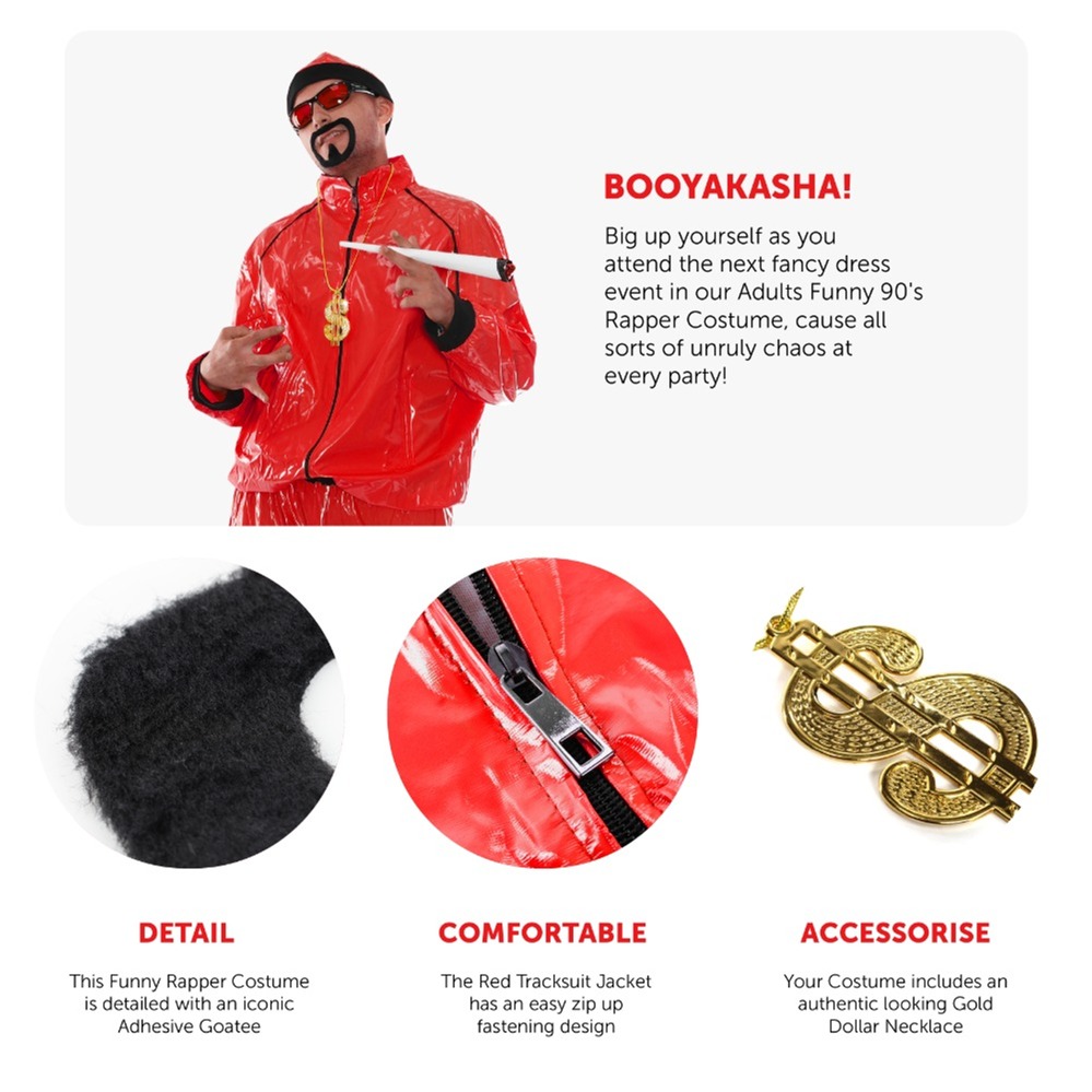 Adults Red Funny 90's Rapper Costume - Red Hat, Glasses, Goatee, Dollar Chain & Spliff