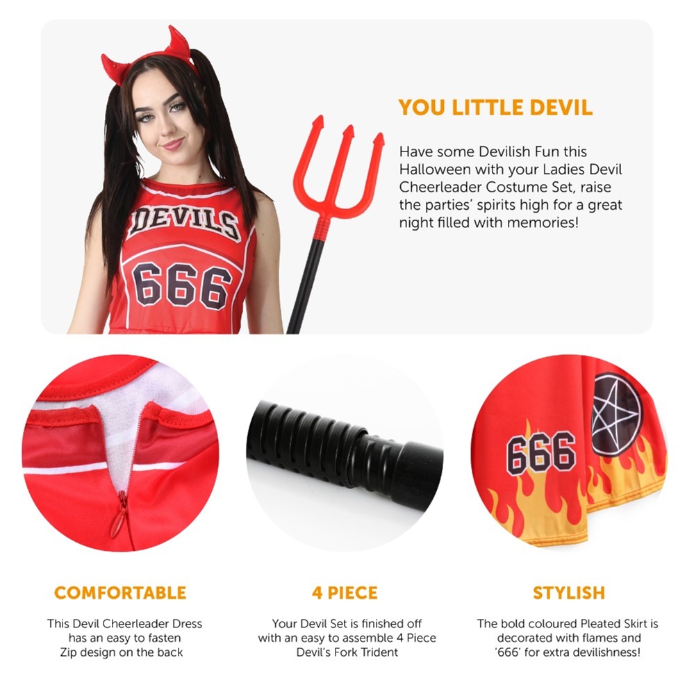 Adults Devil Cheerleader Dress Devil Horns and Fork (110cm)