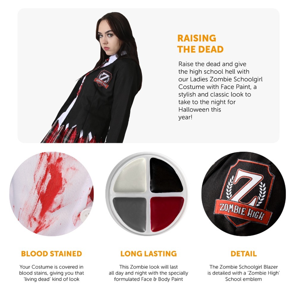 Ladies Zombie Schoolgirl Halloween Costume With Facepaint & Blood