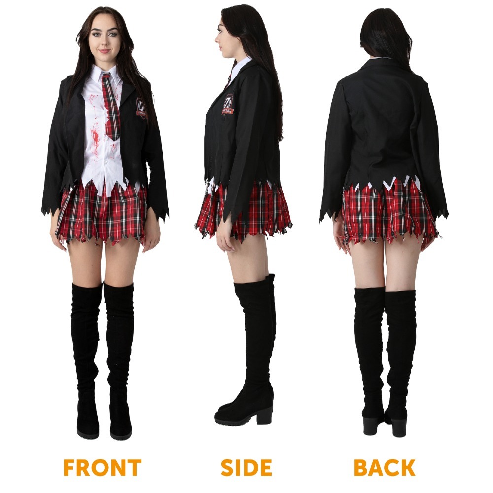 Ladies Zombie Schoolgirl Halloween Costume With Facepaint & Blood