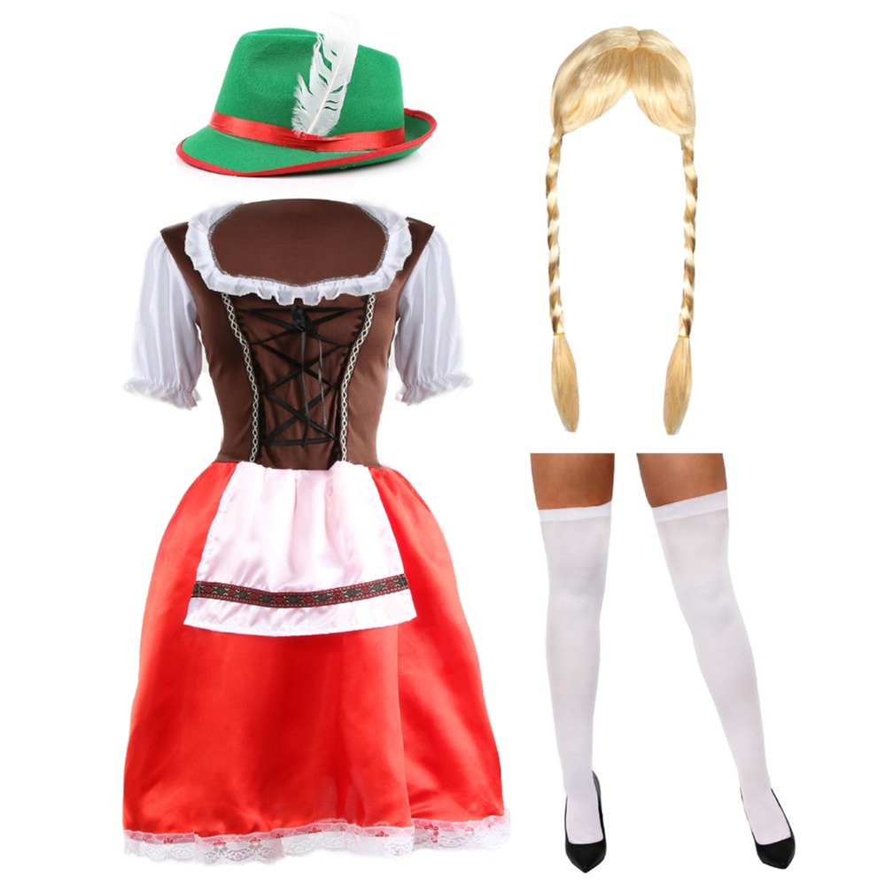 Ladies Red & Brown Bavarian Dress with Stockings, Plait Wig & Green Hat