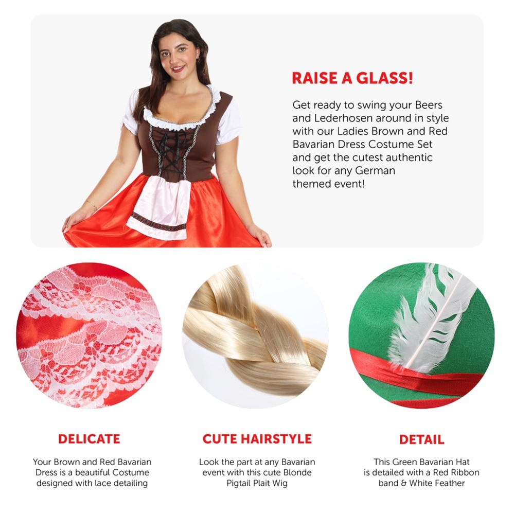 Ladies Red & Brown Bavarian Dress with Stockings, Plaits & Green Hat