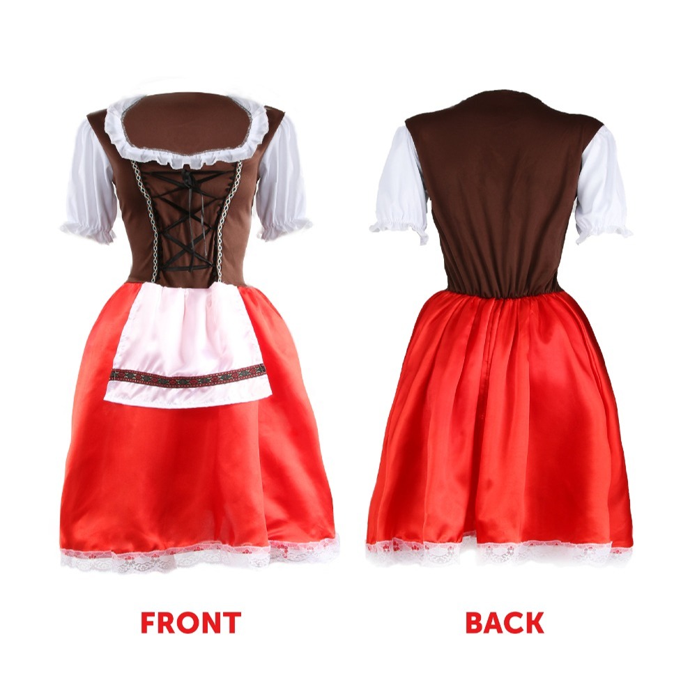 Ladies Red & Brown Bavarian Dress with Stockings, Plaits & Green Hat