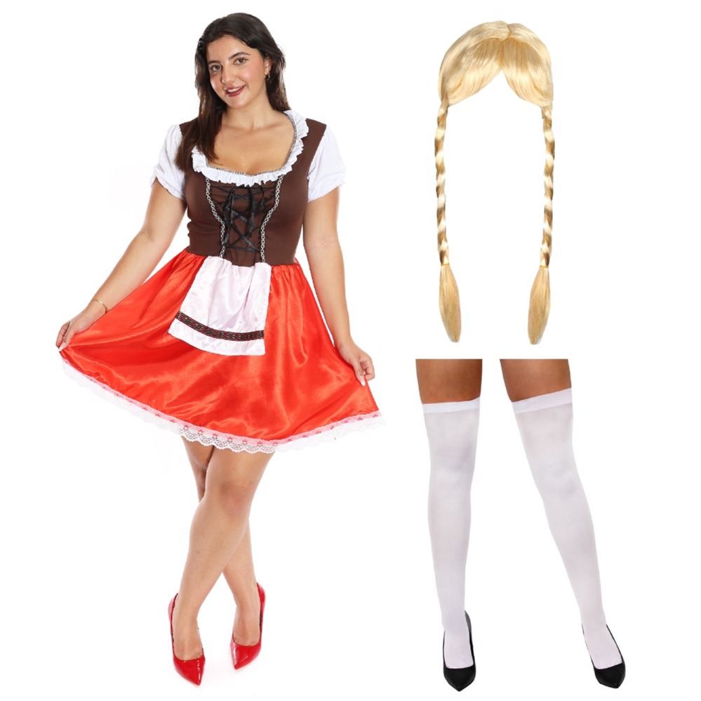 Ladies Red & Brown Bavarian Dress with Stockings & Plait Wig