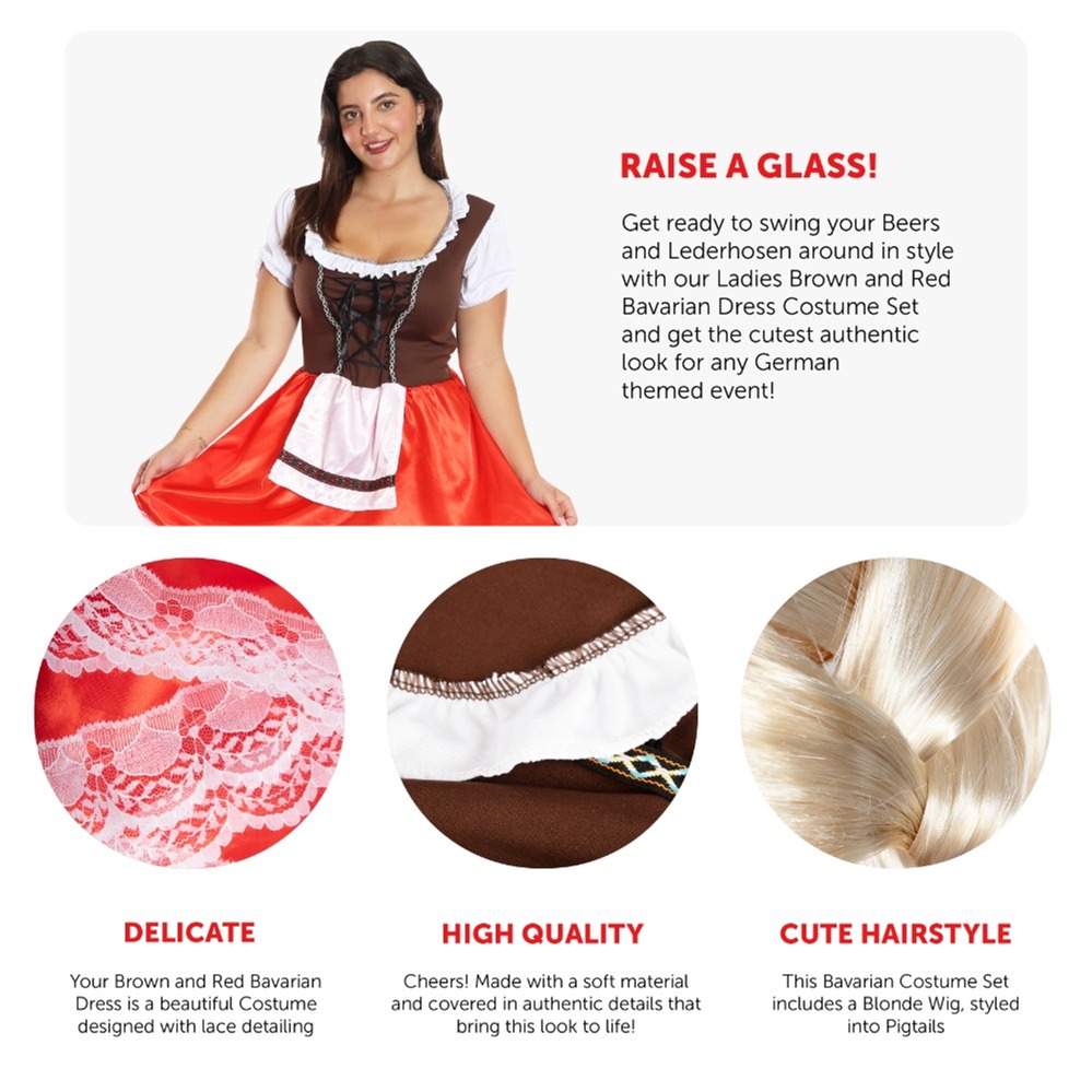 Ladies Red & Brown Bavarian Dress with Stockings & Plaits