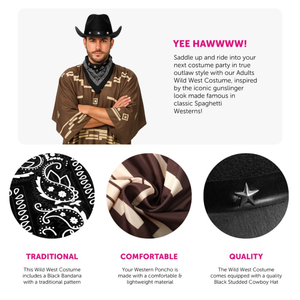 Adults Wild Western Costume | 3 Pcs | Brown Poncho, Black Bandana & Black Star Studded Cowboy Hat