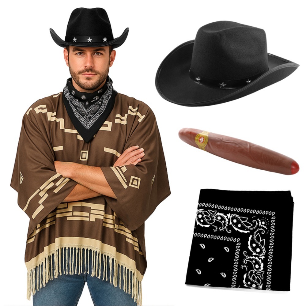 Click to view product details and reviews for Adults Wild Western Costume 4 Pcs Brown Poncho Cigar Black Bandana Black Star Studded Cowboy Hat.