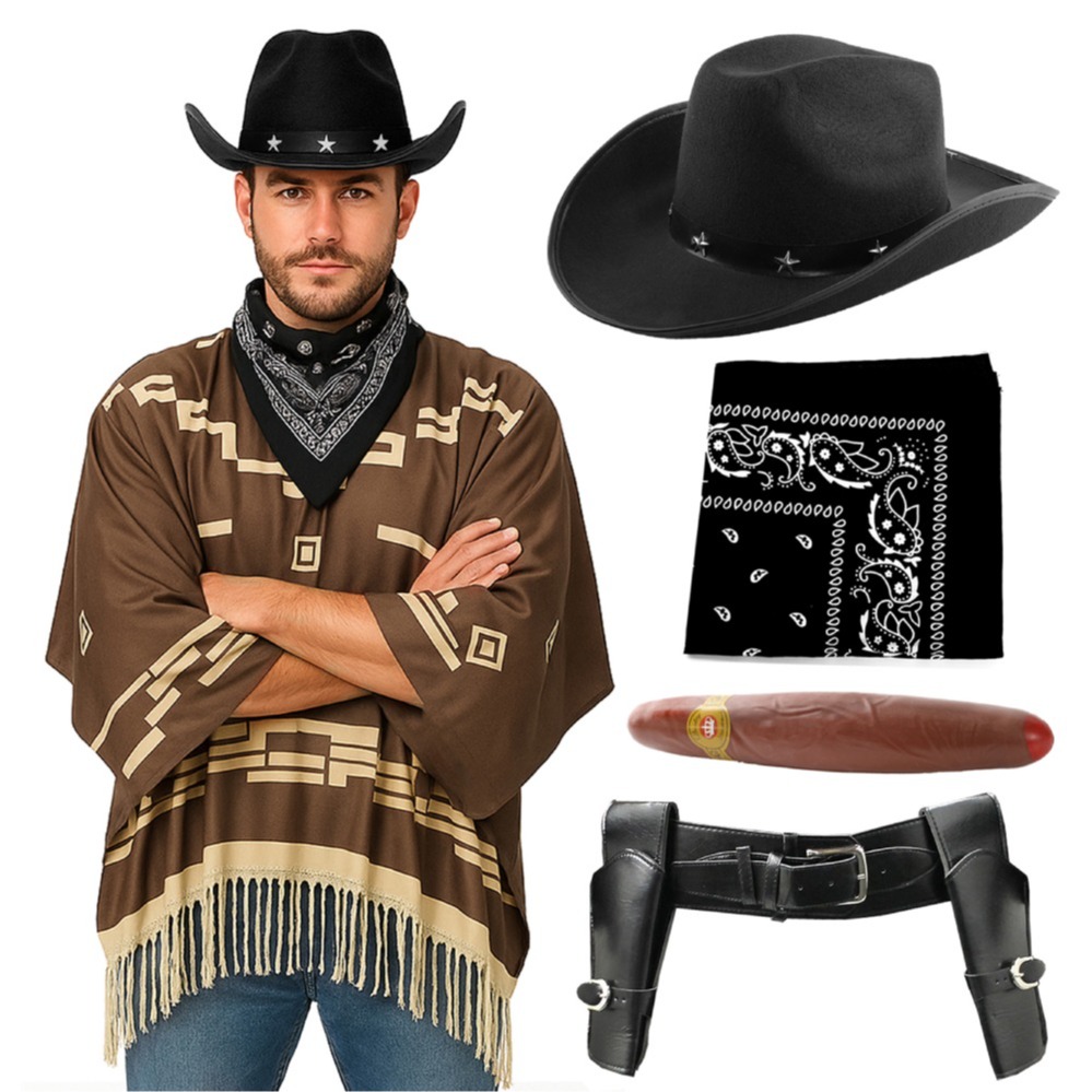 Click to view product details and reviews for Adults Wild Western Costume 5 Pcs Brown Poncho Cigar Black Bandana Holster Black Star Studded Cowboy Hat Xlarge.