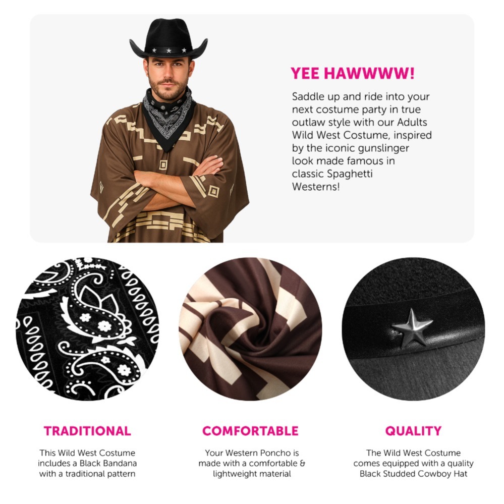 Adults Wild Western Costume | 5 Pcs | Brown Poncho, Cigar, Black Bandana, Holster & Black Star Studded Cowboy Hat