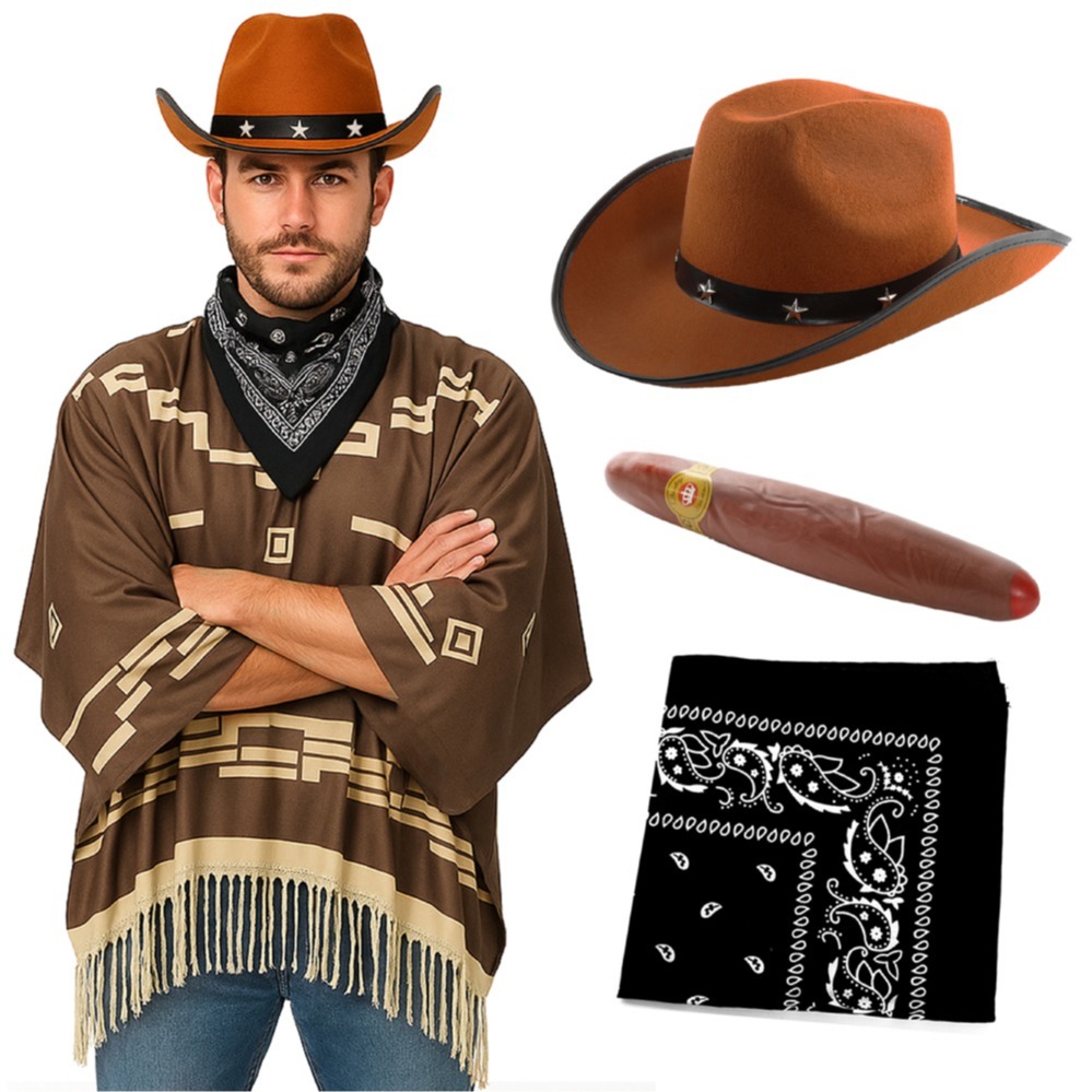 Click to view product details and reviews for Adults Wild Western Costume 4 Pcs Brown Poncho Cigar Black Bandana Brown Star Studded Cowboy Hat.