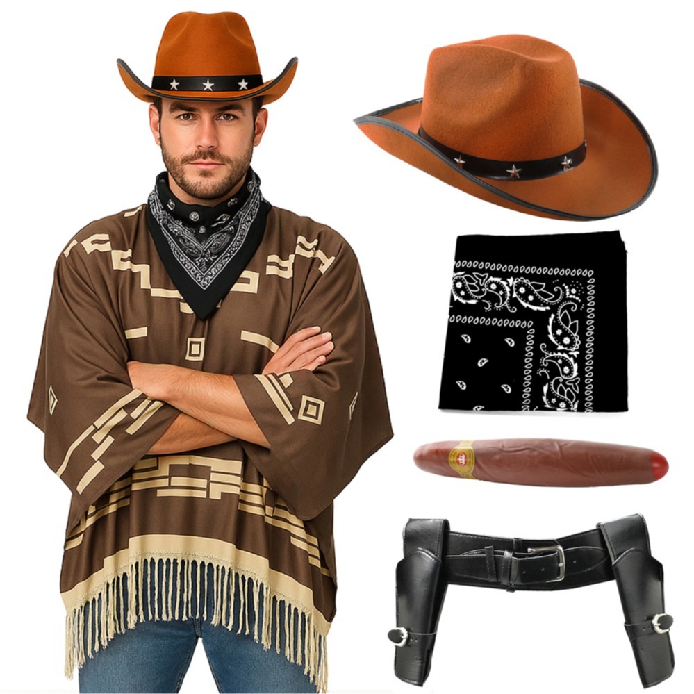 Click to view product details and reviews for Adults Wild Western Costume 5 Pcs Brown Poncho Cigar Black Bandana Holster Brown Star Studded Cowboy Hat Xlarge.