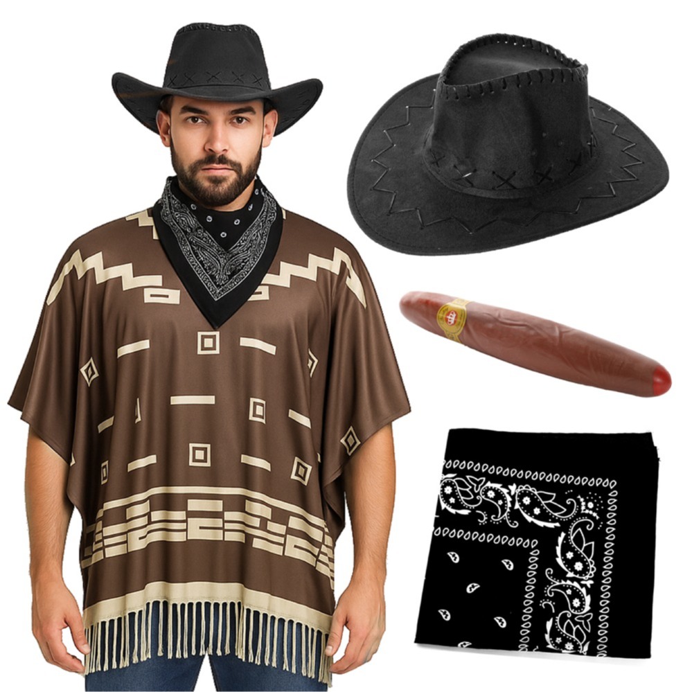 Click to view product details and reviews for Adults Wild Western Costume 4 Pcs Brown Poncho Cigar Black Bandana Black Suede Cowboy Hat.