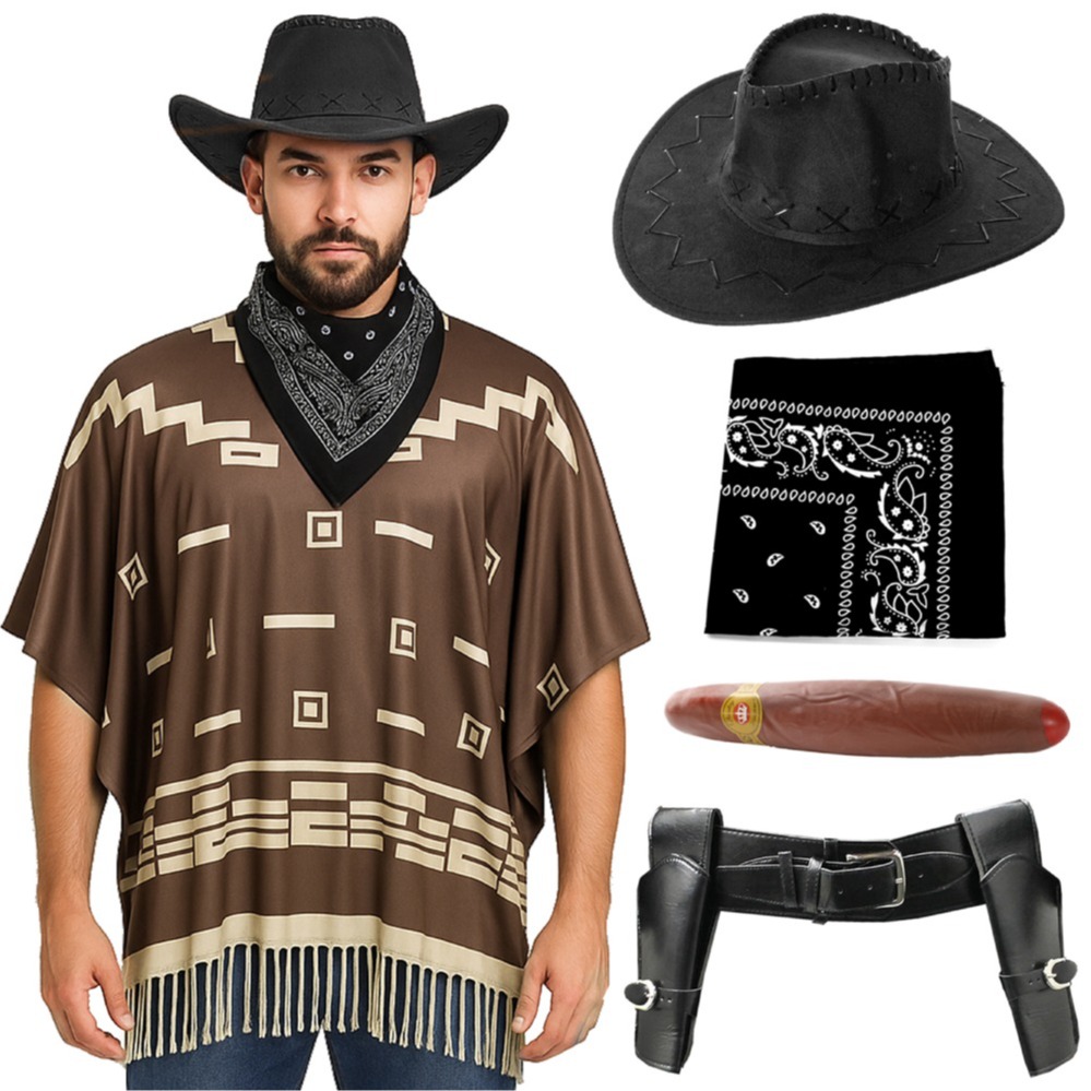 Click to view product details and reviews for Adults Wild Western Costume 5 Pcs Brown Poncho Cigar Holster Black Bandana Black Suede Cowboy Hat Standard.
