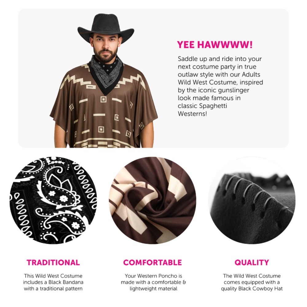 Adults Wild Western Costume | 5 Pcs | Brown Poncho, Cigar, Holster, Black Bandana & Black Suede Cowboy Hat